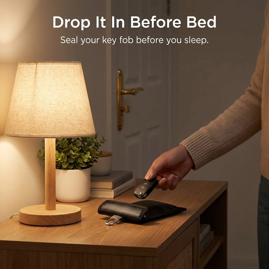 Person sealing a key fob in a wallet on a nightstand with text 'Drop It In Before Bed'.